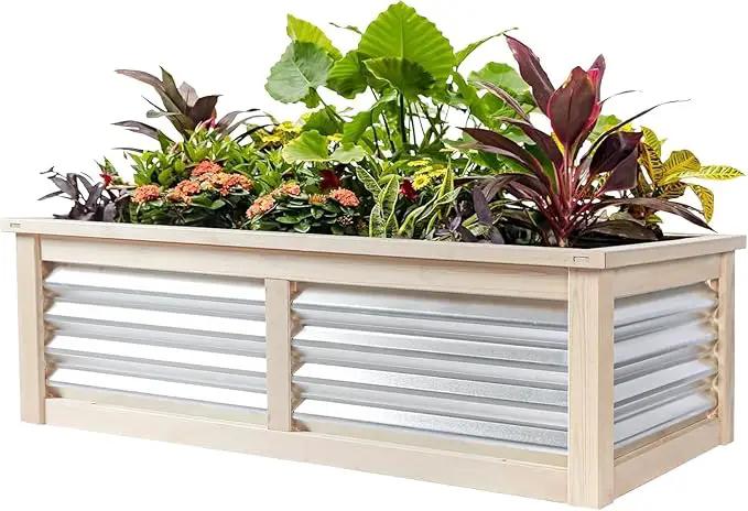 Wood Raised Garden Bed Outdoor Plant Box Planters for Outdoor 4X2X1.2 FT Plants with Galvanized Metal for Herbs Vegetables Flowers Great Patio Deck Balcony by GreenHaven Gardens