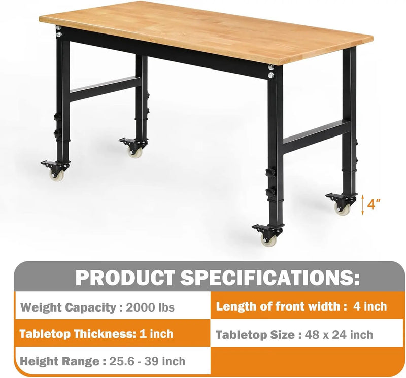 48" Heavy-Duty Adjustable Workbench for Garage, Rubber Wood Shop Table W/Metal Wheels, Hardwood Workstation Weight Capacity Over 2000 Lbs with Wheels by GreenHaven Gardens