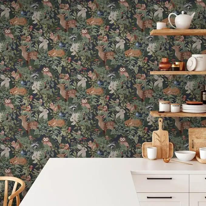 Animal Leaf Forest Deer Rabbits Squirrel Owl Green Plants Peel and Stick Wallpaper Self Adhesive Removable Easy Peel Off Contact Paper Stick on Wall Paper for Bedroom&Renter by GreenHaven Gardens