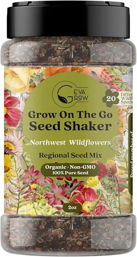 Geva Grow on The Go Seed Shaker - Northwest Wildflower Seeds Regional Mix - Organic, Non-GMO - 100% Pure Seed - 20 Different Wildflowers Seeds of Annual and Perennial, 2oz by GreenHaven Gardens