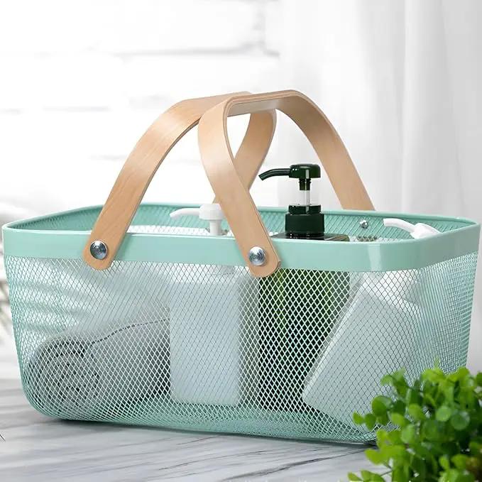 Portable Mesh Harvest Basket - Natural Bamboo Handle Foldable Organizer for Kitchen, Garden & Picnic | Ventilated Storage Bin with Rust-Proof Wire, Space-Saving Farmhouse Decor (Nebula Green) by GreenHaven Gardens