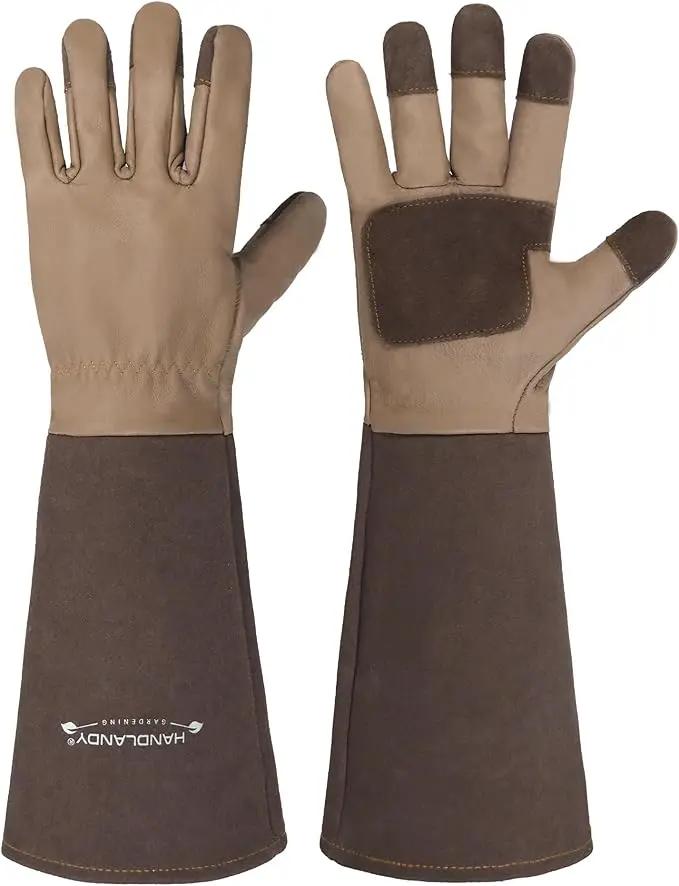 HANDLANDY Long Gardening Gloves for Men & Women, Cowhide Leather Rose Pruning Gloves- Breathable & Durable Gauntlet Glove (Medium, Brown) by GreenHaven Gardens
