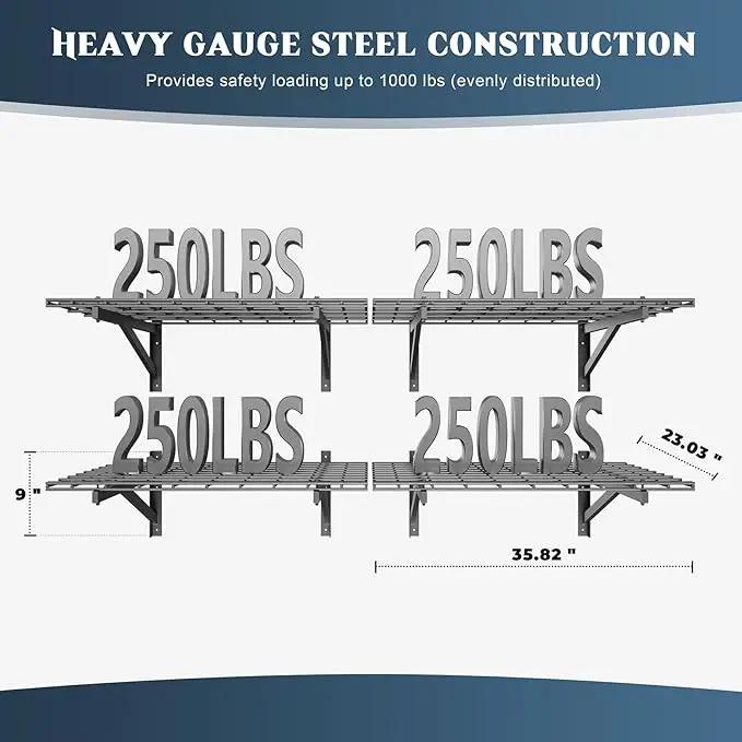 4 Pack Heavy Duty Garage Wall Shelving Set (2x3ft), Wall Mounted Garage Shelves 1000lbs Capacity, 24"x72" Shelf Storage Rack Floating Shelves, Black by GreenHaven Gardens