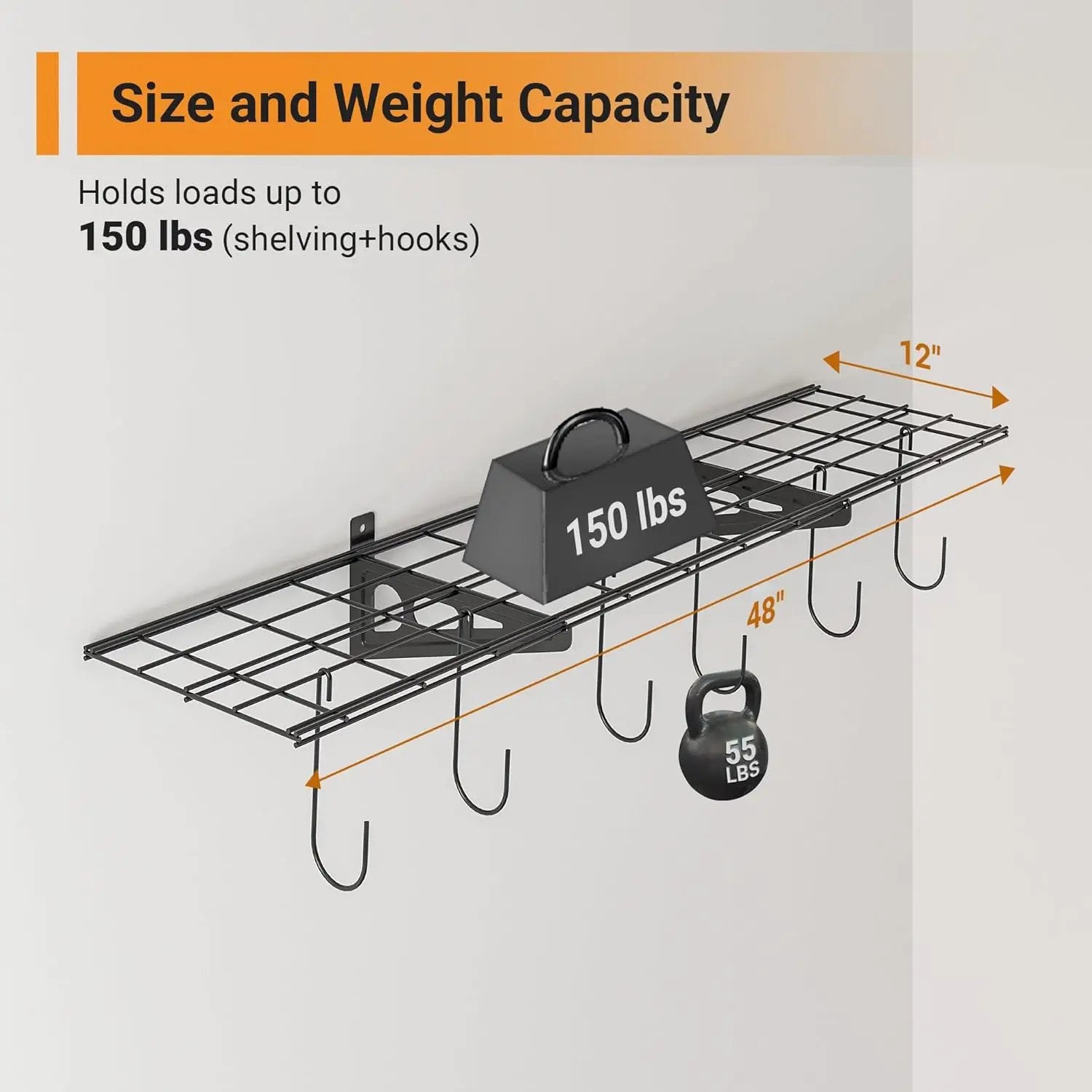 1x4 ft Garage Shelving with 6 Bike Hooks, 1-Pack Wall-Mounted Shelve for Garage, Kitchen, Pantry Storage, 150 lbs Total Load Capacity Wall Shelving, Black by GreenHaven Gardens
