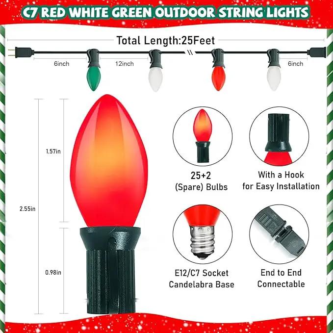 C7 Christmas String Lights, 25Ft Outdoor Decorations With 27 LED Red White and Green Shatterproof Bulbs, Hanging Patio Lights for Tree Backyard Holiday Party Decor by GreenHaven Gardens