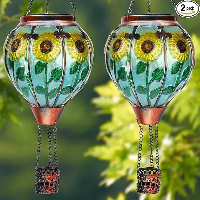 2PCS Solar Hot Air Balloon Lanterns with Flame with Shepherd's Hooks, Glass Hanging Flickering Lights Outdoor Waterproof for Garden Tree Yard Patio Mother's Day Gift, 18" H Sunflower by GreenHaven Gardens