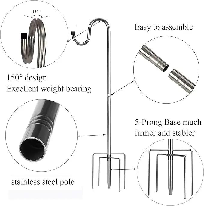 Shepherds Hook for Outdoor, 46 Inch Tall & 5/8 Inch Diameter Stainless Steel Heavy Duty Poles to Hang Outdoor Lights with 5 Prongs Base, Suitable for Bird Feeders or Wedding Decors(1pack) by GreenHaven Gardens