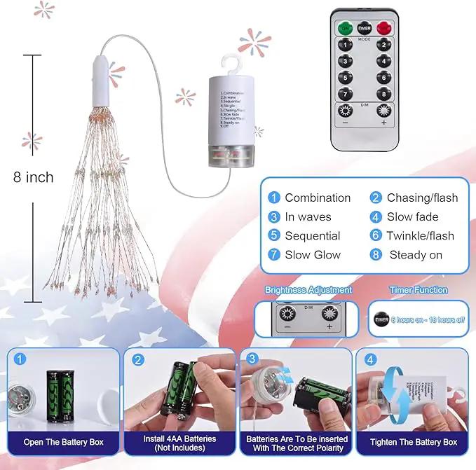 3 Pack 4th of July Lights Decorations 480 LED Remote&Time 8 Light Mode Red White and Blue Firework Lights Battery Operated, American Flag Patriotic Memorial Day Independence Day Outdoor Decor by GreenHaven Gardens