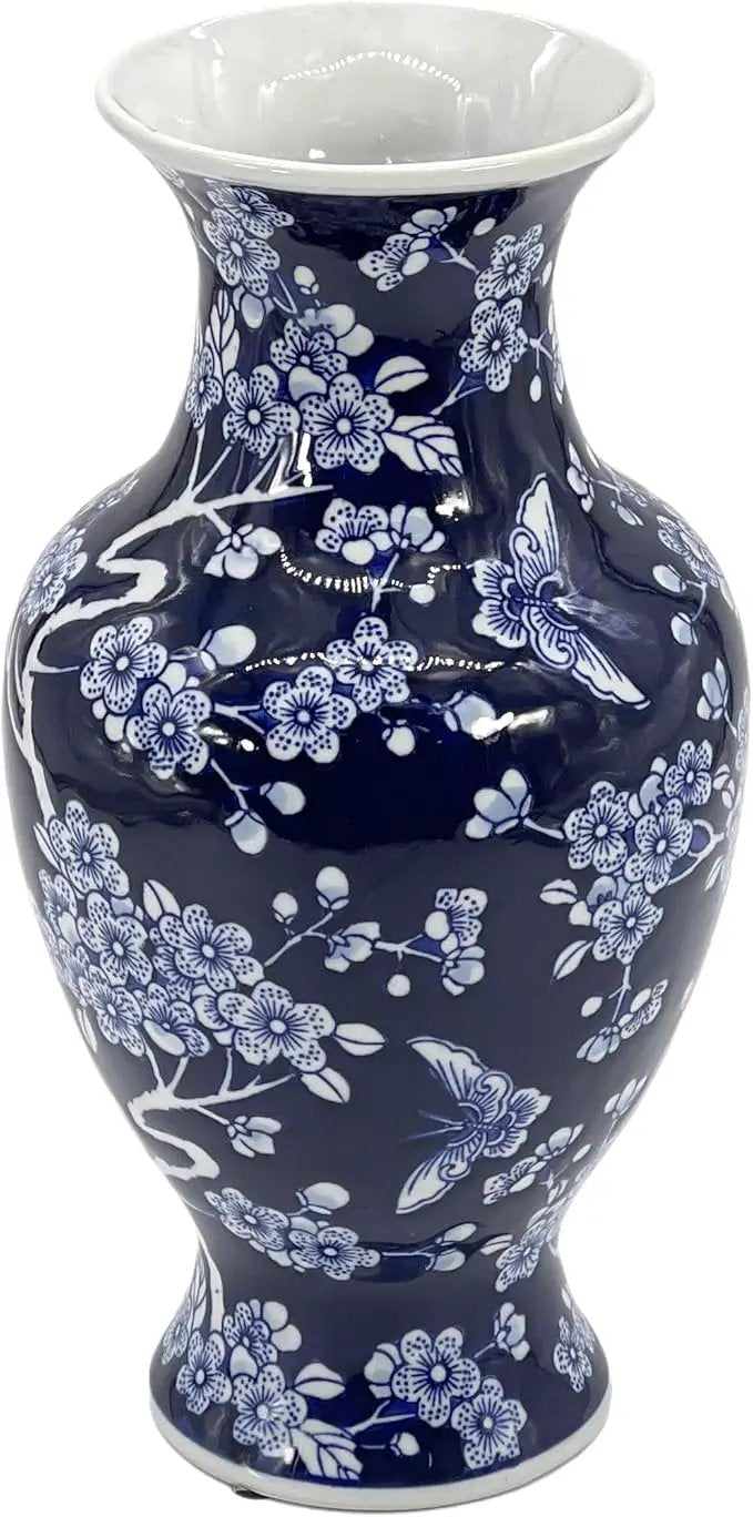 Galt International Dark Blue Floral Chinoiserie Ceramic Vase 14"- Hand Painted Antique Style Porcelain Butterfly & Flower Bottle Fishtail Porcelain Chinese Vase for Home Decor Centerpiece by GreenHaven Gardens