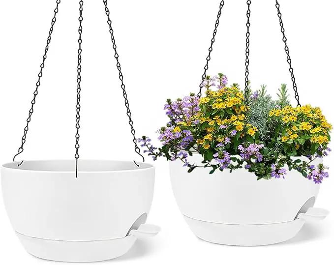 2 Pack 12 Inch Large Hanging Planters with Chains Self Watering White Plastic Hanging Pots for Indoor Outdoor Plants, Garden Porch Home Decor，White by GreenHaven Gardens
