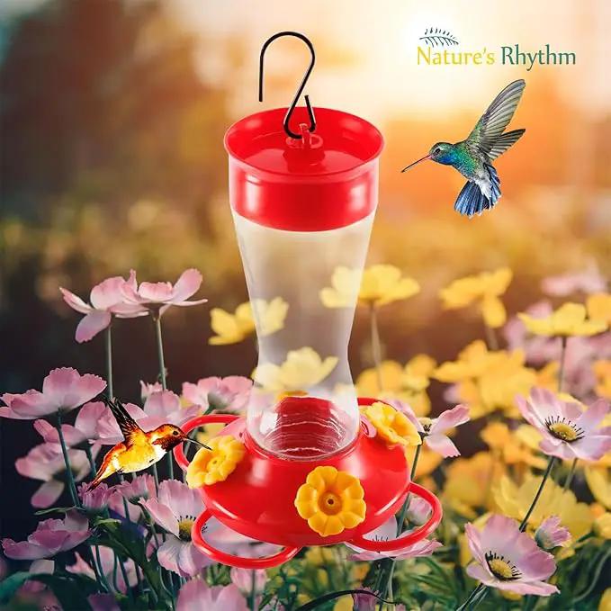 Nature's Rhythm Bird Feeder 4 bee Guard Plastic Yellow Flowers Feeding Port 8oz Glass Pinch Waist Hummingbird Feeder (1Pcs) by GreenHaven Gardens