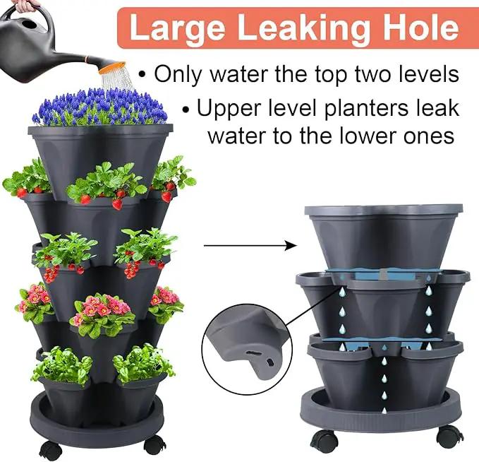 Vertical Planter 5 Tier Stackable Planters Garden Planters Strawberry Herb Flower and Vegetable Planter Indoor Outdoor Gardening Pots with Removable Wheels and Tools by GreenHaven Gardens