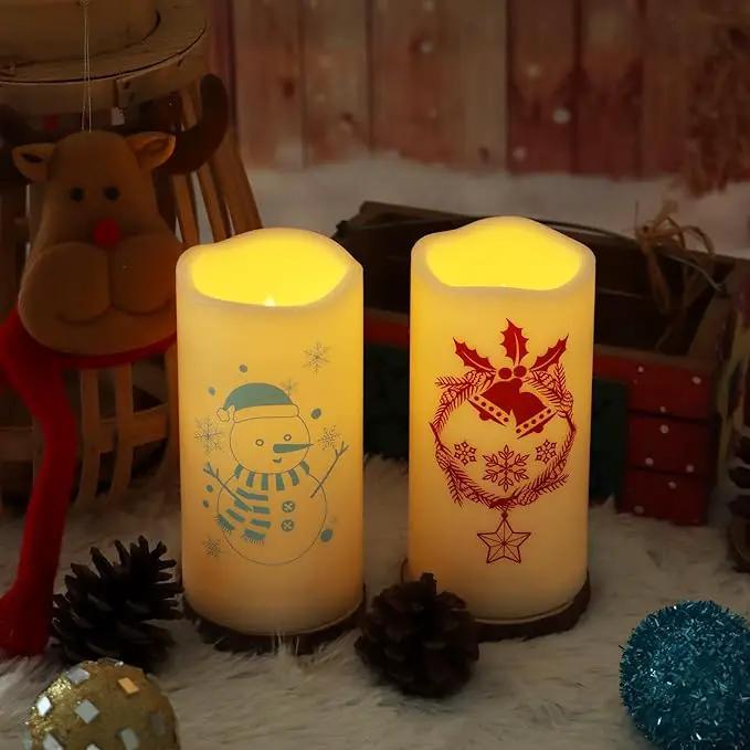 Outdoor Battery Operated Flameless Pillar Candles Auto Daily Timer Waterproof Realistic Flickering Electric LED Lights Wreath Jingle Bell Snowman Decals Christmas Decoration 3”X6” 2 Pack by GreenHaven Gardens