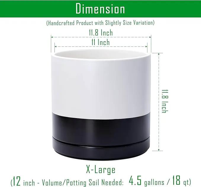 D'vine Dev 12 Inch Ceramic Planter Pot with Drainage Hole and Saucer, Indoor Cylinder Round Planter Pot, Layered Monochrome Black & White, 94-O-F-L by GreenHaven Gardens