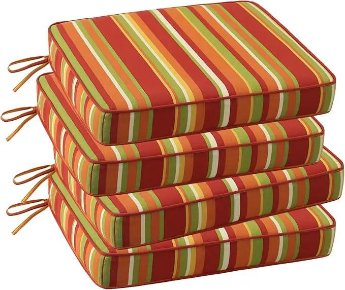 Outdoor Square Corner Seat Cushion, 19"x19"x3", Set of 4, Non Slip Seat Cushion Pads with Removable Cover for Patio Furniture, Garden Yard Lawn, Rainbow Stripe by GreenHaven Gardens
