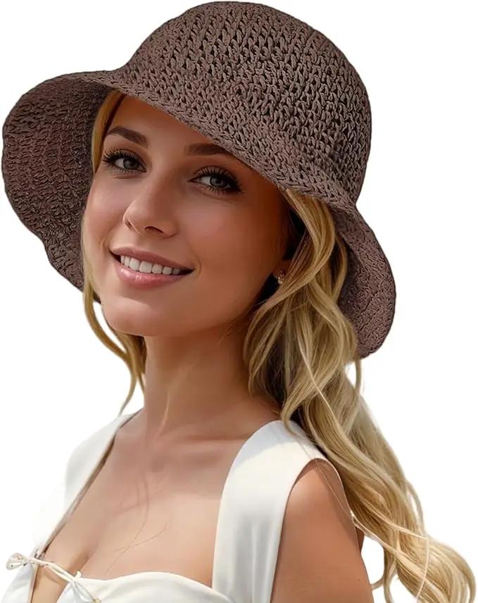 Womens Straw Beach Sun Hats, Foldable Packable Floppy Handmade Crochet Hats for Women,Large Summer Vacation Wide Brim Hat by GreenHaven Gardens