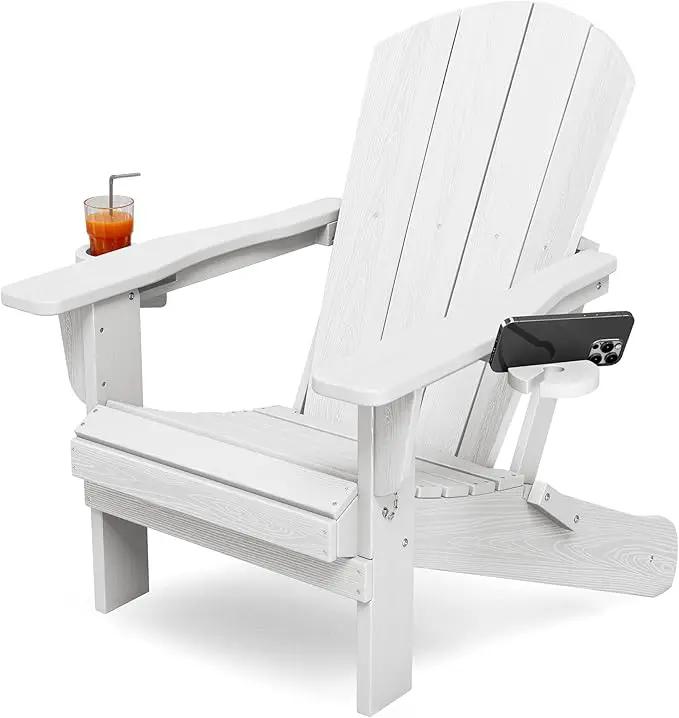 KINGYES Folding Adirondack Chair with Dual Cup Holders - HDPE All-Weather Outdoor Chairs, Wood-Like Patio Chair for Backyard, Camping, Pool & Fire Pit, White by GreenHaven Gardens