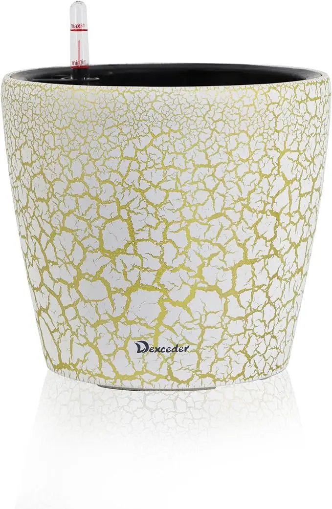 Dexceder 9x8 Inches Self Watering Planter Indoor Outdoor, Inner Pot Design, Thickened Table Flower Plant Pot with Water Level Indicator (White Gold Crackle) by GreenHaven Gardens