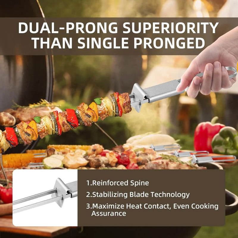13inch 10(packs) Double Fork Flat Stainless Steel BBQ Skewers with Push Bar, Reusable Skewers for Grilling for Meat, Vegetable, BBQ Accessories by GreenHaven Gardens