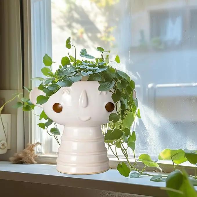 Head Planter for Indoor Plants - 7 Inch Ceramic Face Planter, Cute Succulent Pot with Drainage Hole, Indoor Outdoor Flower Plant Pot, Home Garden Decor, Gift for Plant Lovers, White by GreenHaven Gardens