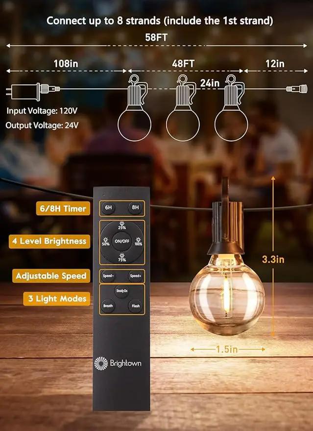 Outdoor String Lights with Remote - 58 Ft Globe Patio Lights, 4 Lighting Modes, 25 LED G40 Bulbs Waterproof Connectable Commercial Hanging Lights for Backyard Party by GreenHaven Gardens