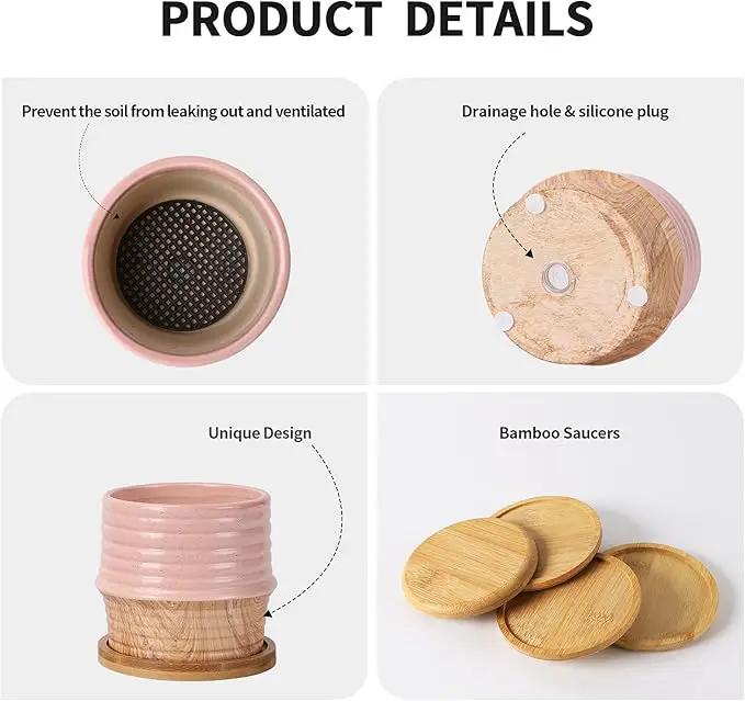 OMAYKEY 4 Inch Ceramic Plant Pot with Saucer, Water Transfer Printing Grain Planters Pots with Drainage Hole & Mesh Pads for Succulent, Indoor Flowers, Snake Plants, Cactus, Herbs, Set of 4 by GreenHaven Gardens