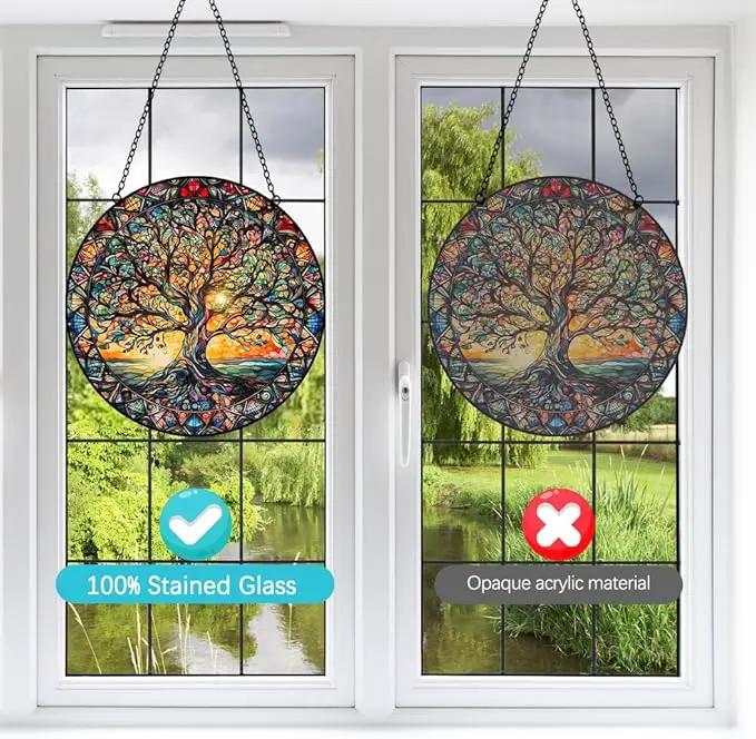 Tree of Life Suncatcher Stained Glass Window Hanging - 8″ Handmade Sun Catchers Indoor Window Valentines Day Decorations with Hooks and Chain - Wall Art Home Decor Panel Gifts for Women Men Mom Dad by GreenHaven Gardens