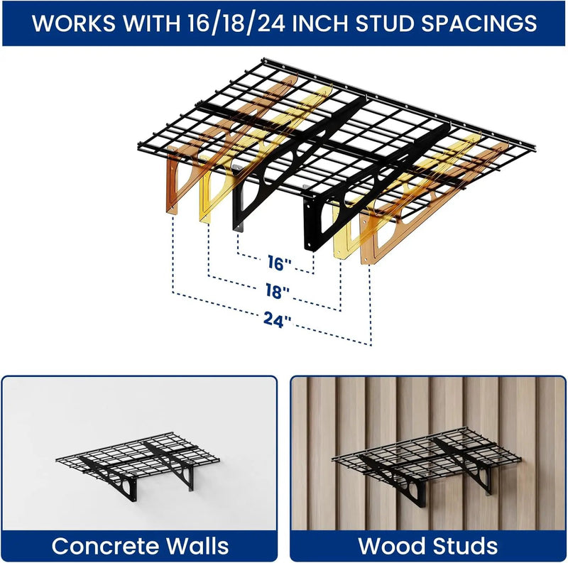 FLEXIMOUNTS 2-Pack 2x6ft Garage Shelving with Hooks, 24-inch-by-72-inch Wall Shelf Garage Storage Racks Floating Shelves, Black by GreenHaven Gardens
