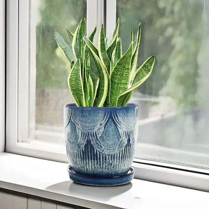 Plant Pots Indoor, Ceramic Planter, 6in Plant Pot, Plant Pots with Drainage Holes and Saucers, Flower Pots for Indoor Plants, Reactive Glaze Blue by GreenHaven Gardens
