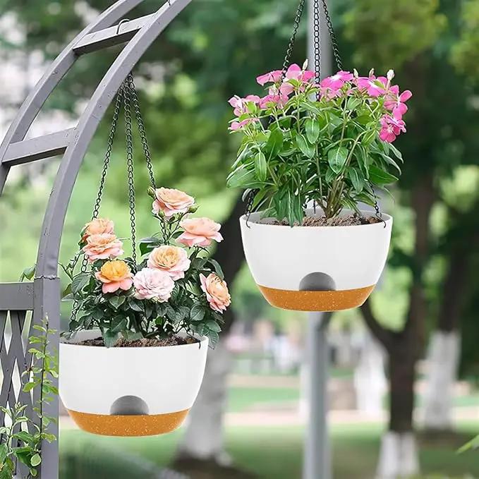 12 Inch Hanging Baskets 2 PC with Chains, Self-Watering Hanging Planters for Indoor Outdoor Plants, Plastic Hanging Flower Pots,White Brown by GreenHaven Gardens