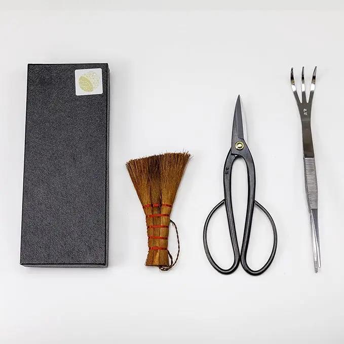 Wazakura Japanese Bonsai Garden 3PCS Tool Starter Kit, Made in Japan, Ashinaga Bonsai Scissors, Stainless Tweezers with Rake, Chinese Broom. Beginner Set with Shears, Tweezers and Soil Brush by GreenHaven Gardens