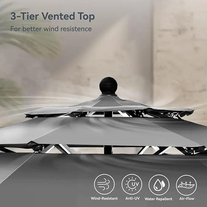 PHI VILLA 10ft Outdoor Patio Umbrellas for Outside, 3 Tier Vented Market Table Umbrella Windproof for Backyard, Deck, Garden, 1.5" Pole, Grey（No Base） by GreenHaven Gardens