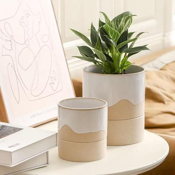 Nihow Self Watering Plant Pot: 4.5 Inch Ceramic Planter with Drainage Hole & Water Storage Plus for Indoor & Outdoor Plants - Cylinder Flower Pot for Herbs/Violets - White & Nature by GreenHaven Gardens