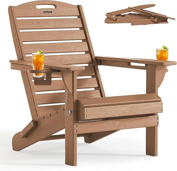 Folding Adirondack Chair HDPE All-Weather Adirondack Chairs with Cup Holder, Outdoor Fire Pit Chairs Lawn Chair for Deck Patio Garden (Teak) by GreenHaven Gardens