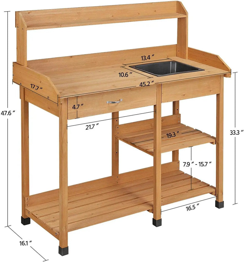 Yaheetech Potting Bench Outdoor Garden Work Bench Station Planting Solid Wood Construction for Horticulture w/Sink Drawer Rack Shelves Natural Wood by GreenHaven Gardens