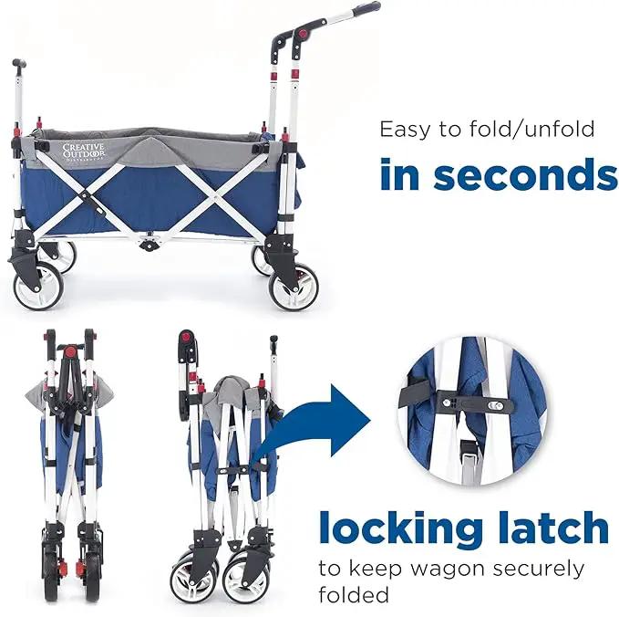 Creative Outdoor Push Pull Stroller Wagon for Kids,150lbs Weight Capacity, Collapsible Folding Cart with Canopy, Silver Series Plus, Beach, Park, Garden & Tailgate (Blue/Gray) by GreenHaven Gardens