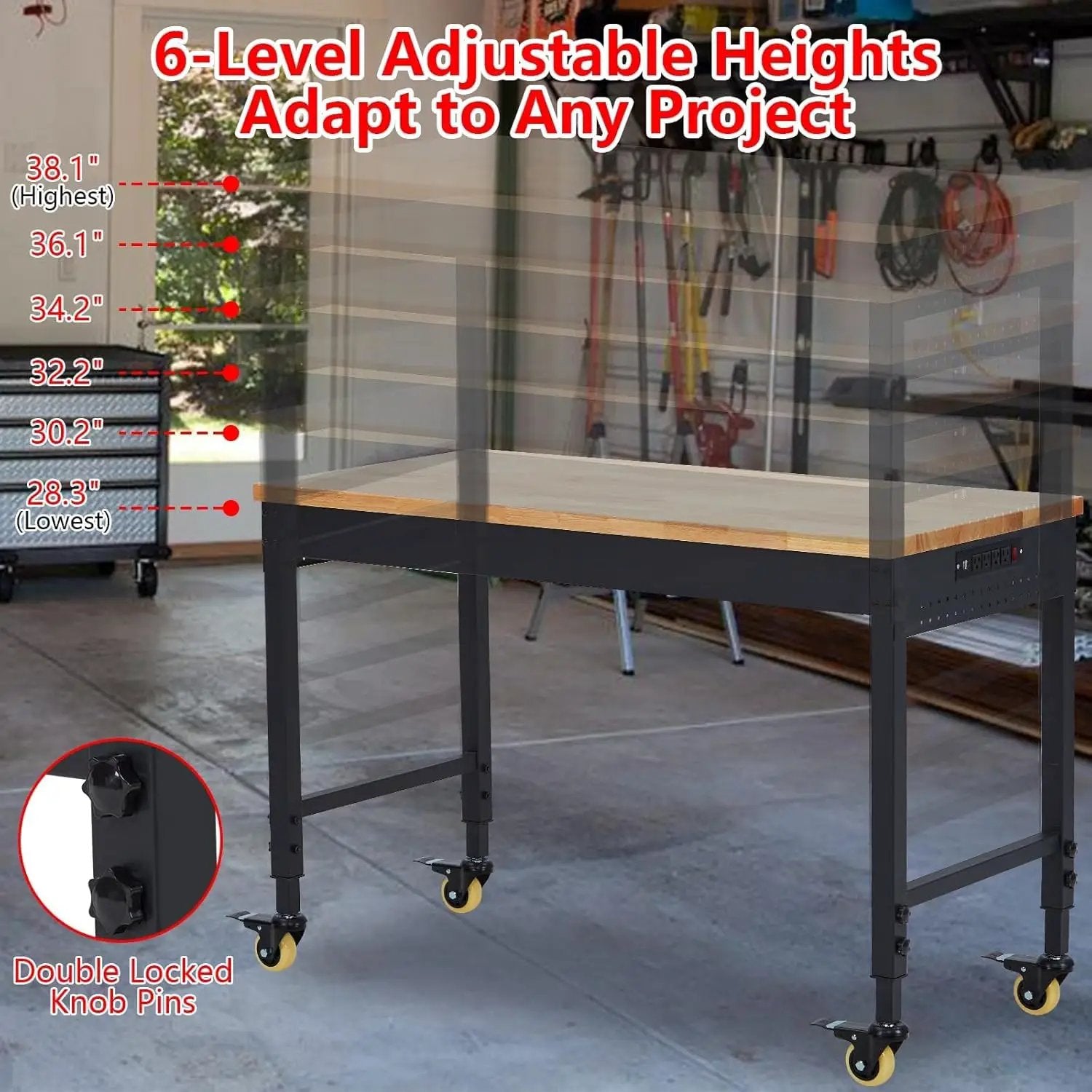 72'' Adjustable Workbench, Heavy Duty Workbench with Power Outlet and Lockable Wheels, 2000 LBS Capacity, Work Table Suitable for Office, Garage, Workshop by GreenHaven Gardens