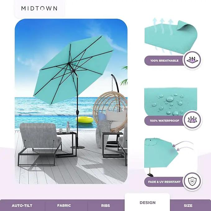 Midtown Umbrellas Sunbrella Umbrella 8 Feet Outdoor Umbrella With Sunbrella Aruba Acrylic Fabric - Auto-Tilt Aluminum Frame Patio Umbrella For Backyard, Deck, Garden, Pool - Black Pole by GreenHaven Gardens