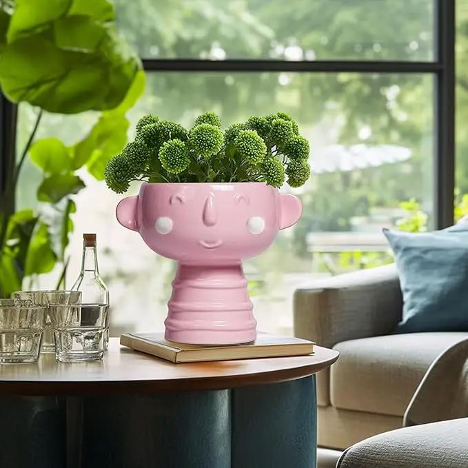 Smiley Face Planter - 7 Inch Ceramic Head Planter for Indoor Outdoor Plants, Cute Succulent Pots with Drainage Hole, Decorative Flower Pots, Home Room Desk Decor, Birthday Gifts, Bright Pink by GreenHaven Gardens