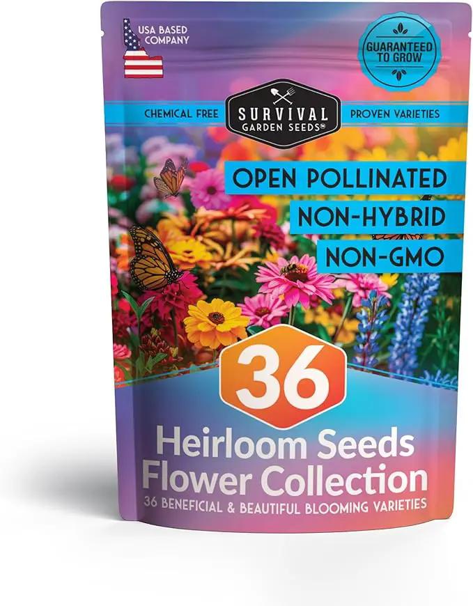 Survival Garden Seeds Functional Flower Garden Kit | 36 Pack Seed Starter Collection | Bee, Butterfly, Hummingbird, Pollinator-Friendly Blooms | Non-GMO Heirloom Beneficial Flowers & Wildflowers by GreenHaven Gardens