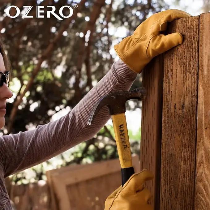 OZERO Flex Grip Leather Work Gloves Stretchable Wrist Tough Cowhide Working Glove 1 Pair (Gold, Large) by GreenHaven Gardens
