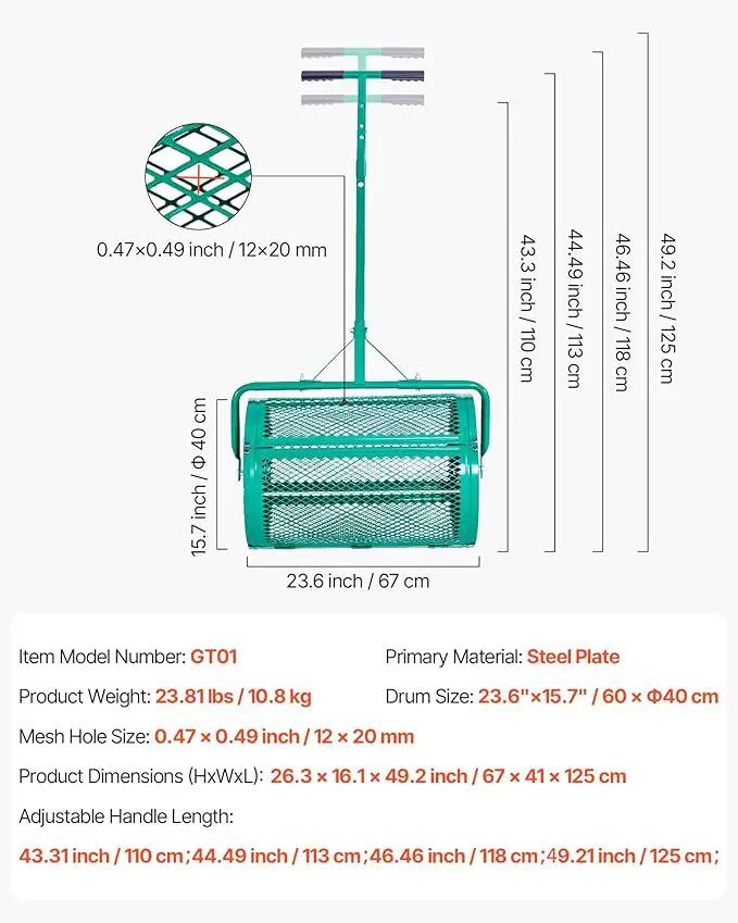 VEVOR Compost Spreader, 24 in Wide Peat Moss Spreader with Push/Tow Handle, 4 Heights Adjustable, Powder-Coated Steel Garden Peat Moss Roller, Heavy Duty Grass Seed Spreaders for Planting Seeding by GreenHaven Gardens