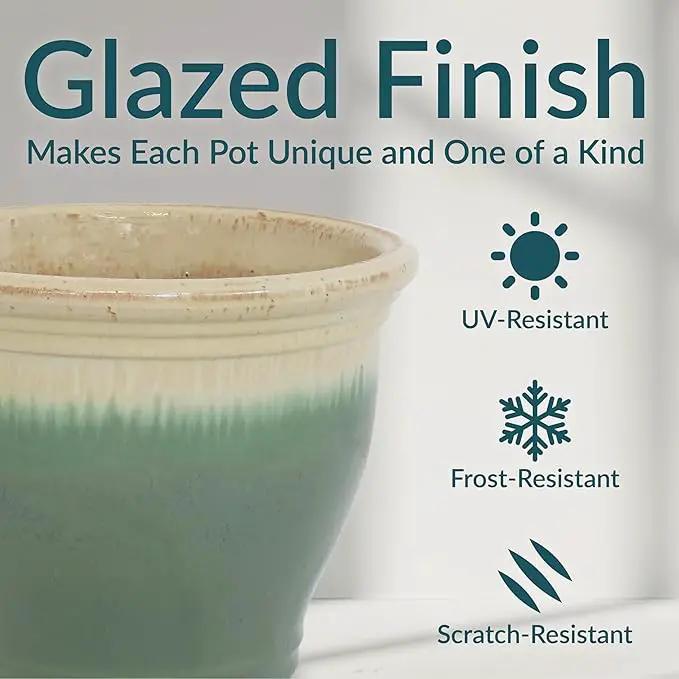 Sunnydaze Studio Large Ceramic Plant Pot - Round Outdoor Glazed Ceramic Planter Pot with Drainage - Seafoam - 14.5" by GreenHaven Gardens