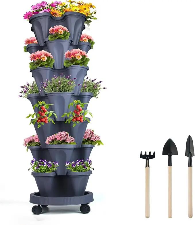 Vertical Planter 7 Tier Stackable Planters Garden Planters Strawberry Herb Flower and Vegetable Planter Indoor Outdoor Gardening Pots with Removable Wheels and Tools by GreenHaven Gardens