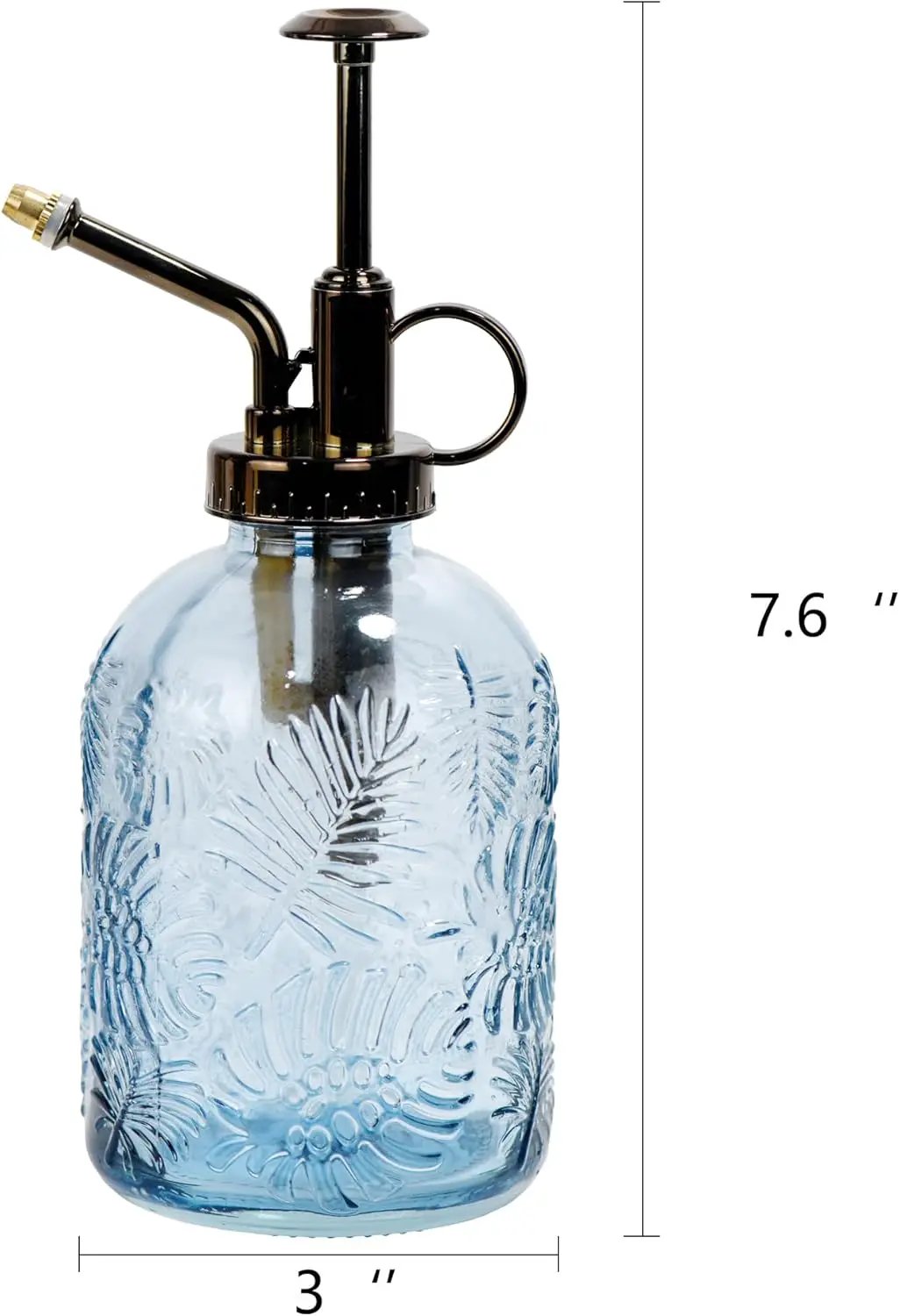 11.8 Ounce Glass Plant Spray Bottle, Glass Leaf Print One Handed Watering Can with Antique Brass Plastic One Handed Top Pump, 7.6 Inch Tall Indoor and Outdoor Plant Small Spray Bottle (Blue) by GreenHaven Gardens