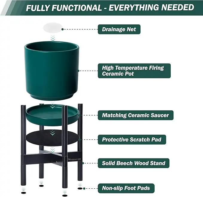 D'vine Dev Ceramic Planter with Ebony Stand - 10 Inch Modern Round Flower Pot with Wood Planter Holder, Teal, 55-B-L-4 by GreenHaven Gardens