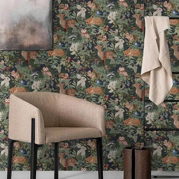 Animal Leaf Forest Deer Rabbits Squirrel Owl Green Plants Peel and Stick Wallpaper Self Adhesive Removable Easy Peel Off Contact Paper Stick on Wall Paper for Bedroom&Renter by GreenHaven Gardens