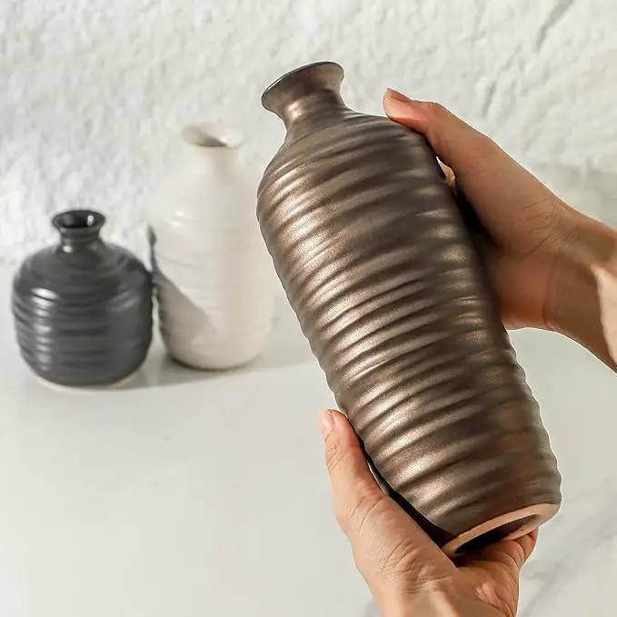 Ceramic Vase Set of 3 Neutral Decorative Vase for Farmhouse, Boho, or Rustic Home Decor Pottery Vases for Living Room Bathroom Table Mantel Fireplace Entryway Shelf (01-Metallic) by GreenHaven Gardens