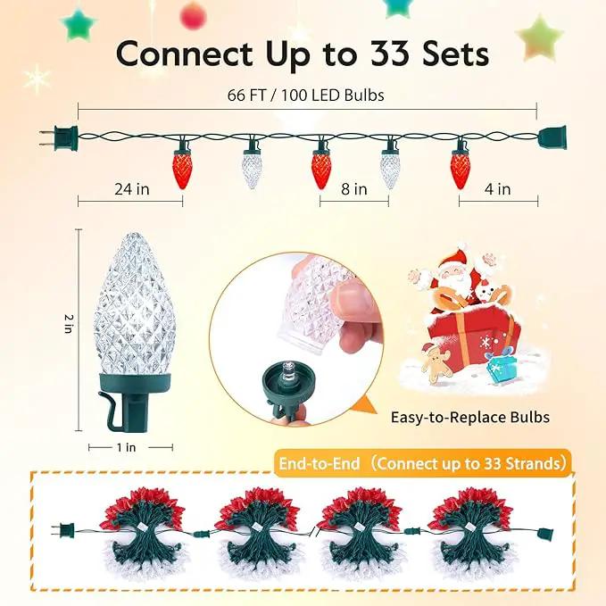 Brightown C9 LED Christmas String Lights, 66ft 100 LED Waterproof Strawberry String Lights, Plug-in Extendable Green Wire Lights String for Outdoor Outside Patio Party Decoration, Red and White by GreenHaven Gardens