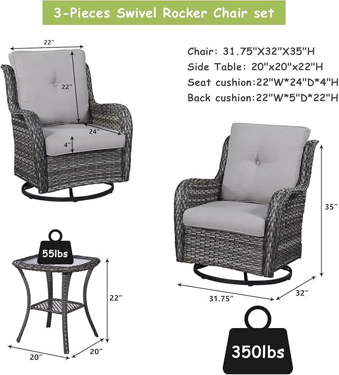 Outdoor Patio Swivel Rocker Chairs - 3 Piece Patio Bistro Set,Wicker Patio Furniture Set with 2 Swivel Rocking Chairs and 1 Glass Top Side Table for Deck Porch Garden,Mixed Grey/Beige by GreenHaven Gardens